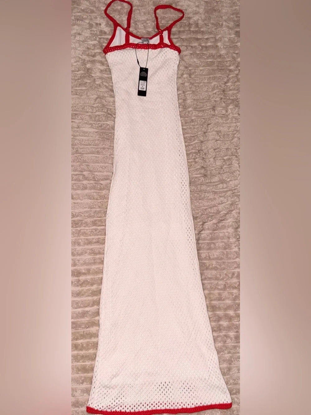 Fashion Nova White Crochet Maxi Dress with Red Cherry Accents - Picture 3 of 4
